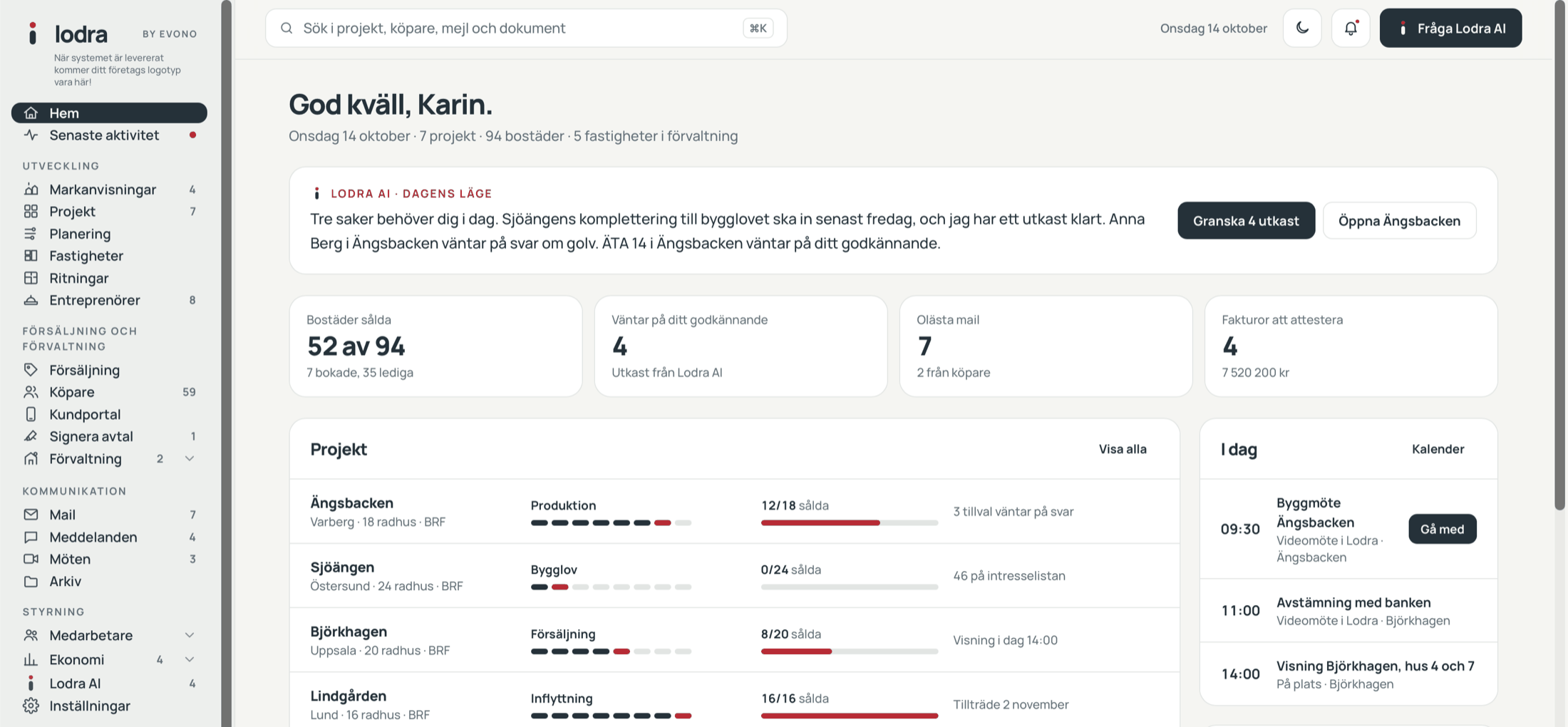 En vy från Lodra-prototypen med projekt, kalender och arbetsdagens översikt.